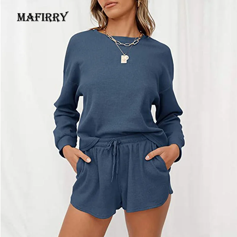 

2021 Summer Women Knitted O-Neck Pullover Top Homewear Pajamas Suits Solid Full Sleeve Shorts Loungewear Casual Soft Sleepwear