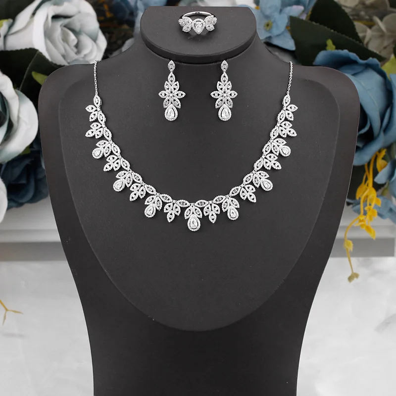 

New Trendy Women Fashion Jewelry Set For Wedding Cubic Zirconia Romantic Bridal Finger Ring Tassel Earrings Super Quality Gift