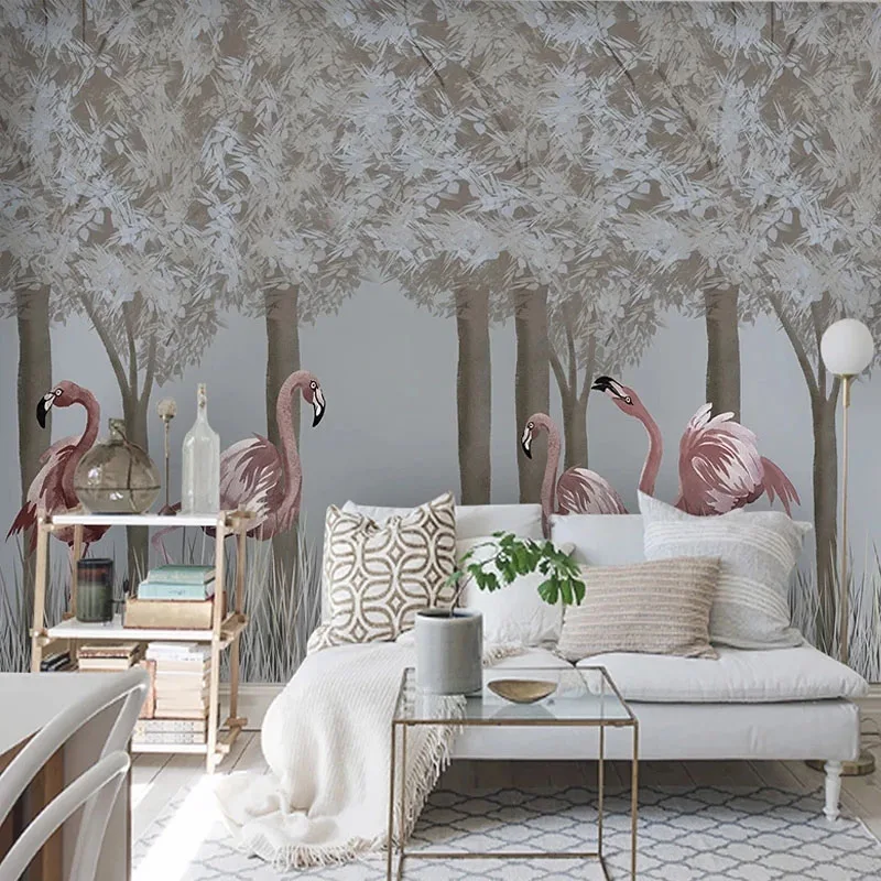 Custom Mural Wallpaper Nordic Hand Painted Forest Flamingo 3D Wall Paper Living Room TV Sofa Background Wall Decoration Painting