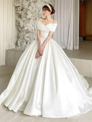 Simple A Line Wedding Dresses Satin Boat Neck Floor Length Bridal Gown Court Train Lace Up Back