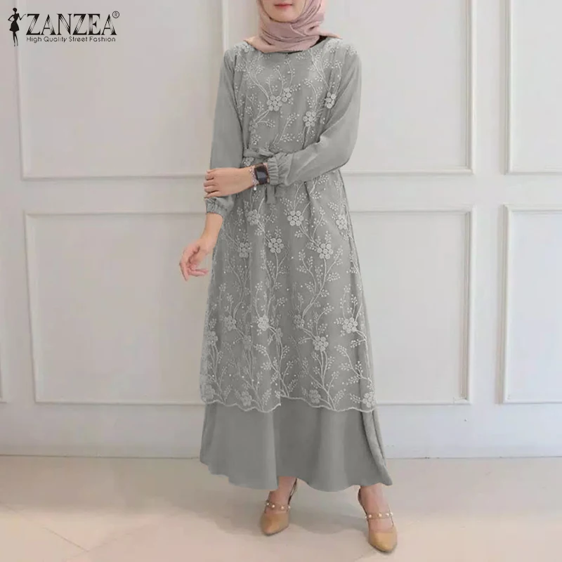 

ZANZEA Autumn Women Muslim Abaya Dress Hijab Vestidos Lace Crochet Islamic Dress Crew Neck Loose Lace-up Marocain Sundress Robe