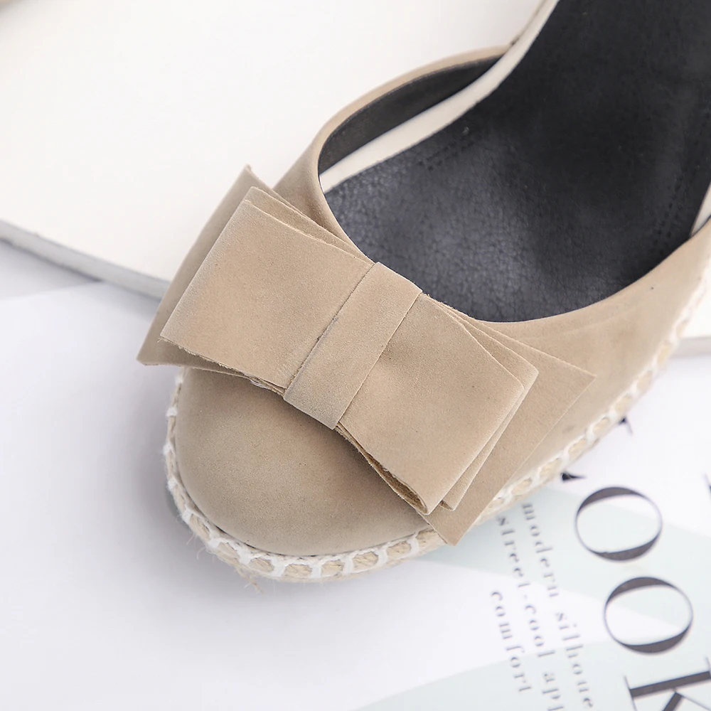 Women Bow Tie Espadrilles Leisure Wedges High Heels Lady Pumps Foothold Shoes Heel Slip On Round Toe for Femme Chaussures 32 33