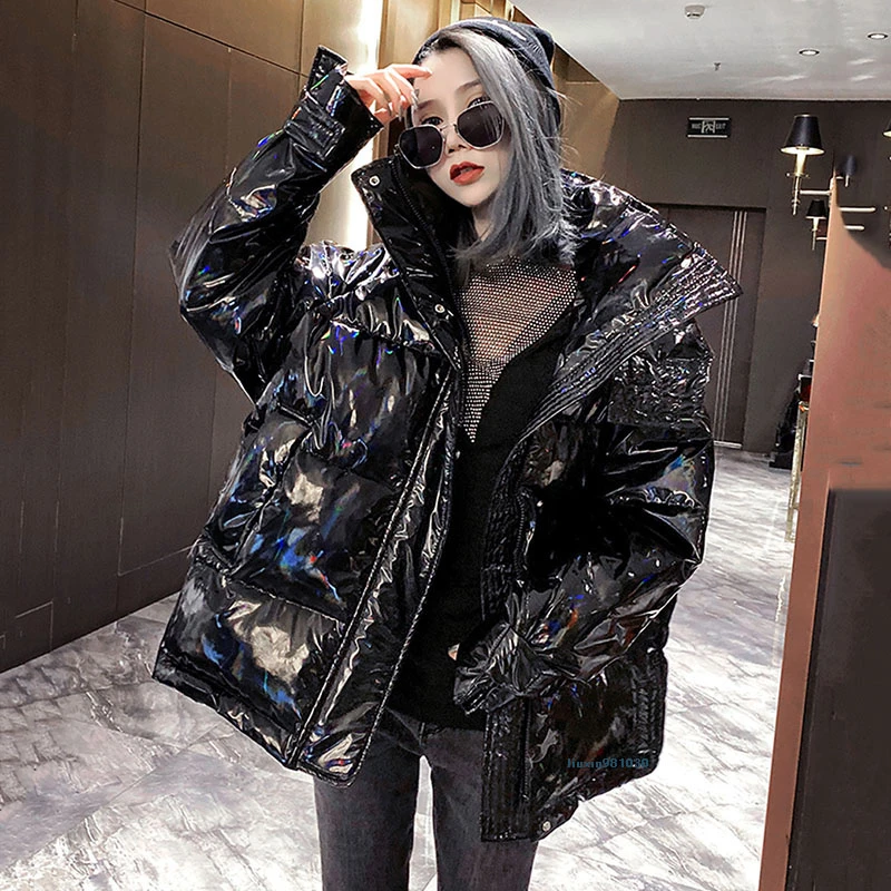 2022 New Hooded Glossy Winter Down Cotton Padded Jacket For Women Thick Bright Black Shiny Jacket black Parkas fashion MY312