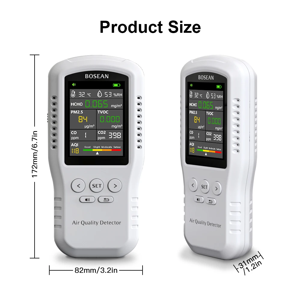 Bosean Monitor de calidad del aire CO2 CO PM2.5 HCHO TVOC Monitor de temperatura y humedad detector de calidad del aire para el hogar con sensores