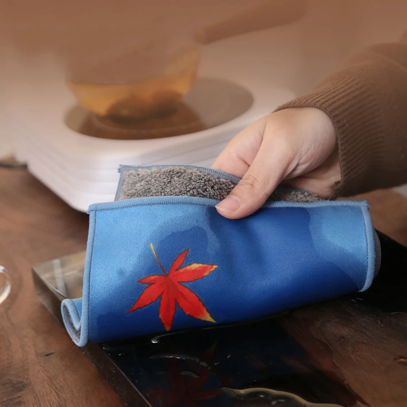 Tea Towel Microfiber Imitation Deerskin Double Layer Kung Fu Tea Set Towels Hand-painted Thickened Cleaning Cloth Kitchen Rag