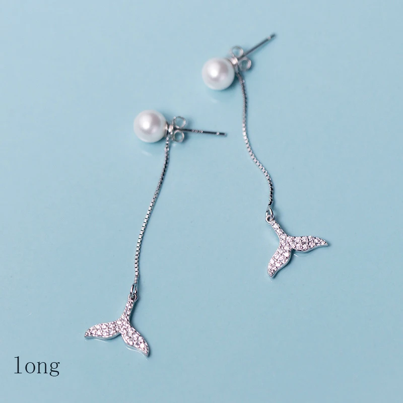 YIZIZAI 925 Sterling Silver Cute Tiny Japanese style Pearl Whale Tail Earrings Women Sweet Mermaid Tail Back Hanging Ear Jewelry