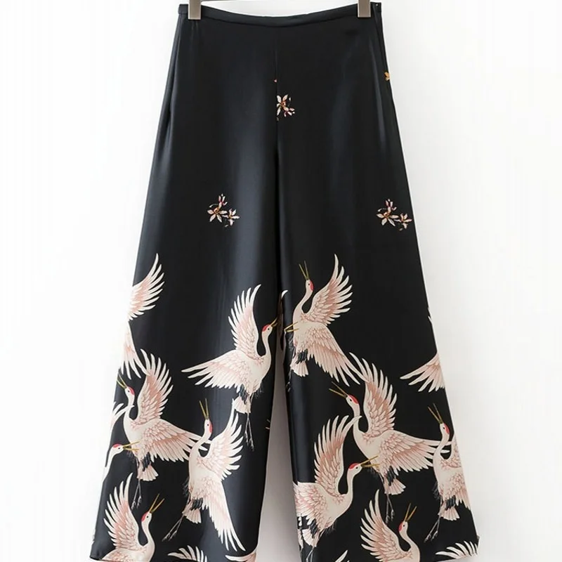 

New Fashion Brand Ladies Loose Casual Crane Print Trouser High Waist Womens Ankle Length Wide Leg Pants Streetwear Pantalones