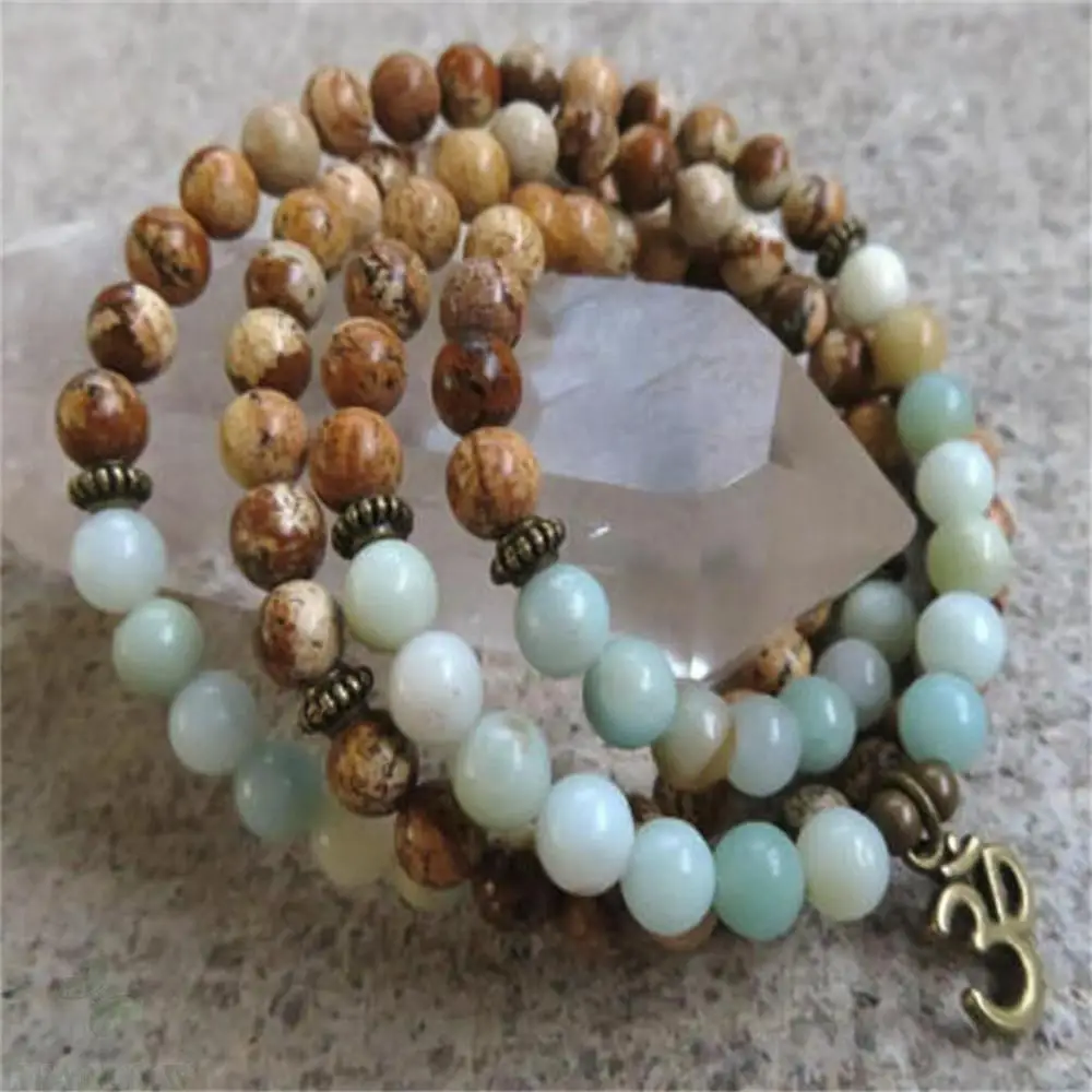 

6mm Amazonite Picture Stone 108 Beads Pendant Necklace Buddhism Prayer Men