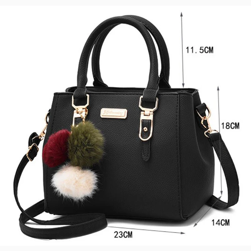 High Quality 1PC Black Women Handbag Large Capacity PU Leather Lady Shoulder Bag Messenger Bag With Hairball Travel Bag Fashion