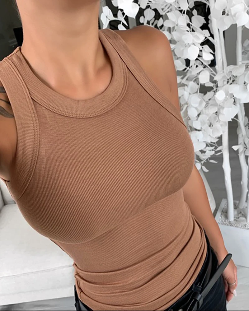 Women Solid Round Neck Ribbed Tank Top Camisole Women  Summer Basic Elastic Tank Top O Neck Solid Tank Top Plus Size