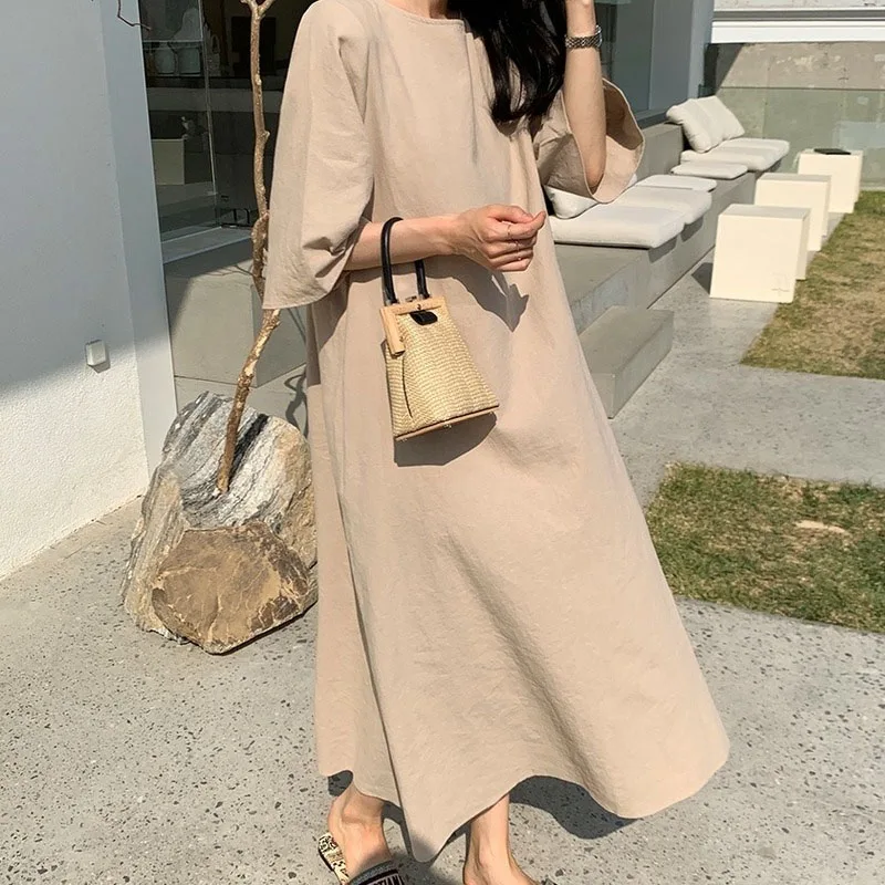 Korean Style Summer Dress Women Solid Cotton O-Neck Loose Dress Office Lady Short Sleeve Loose Waist Long Dresses Vestido 14052