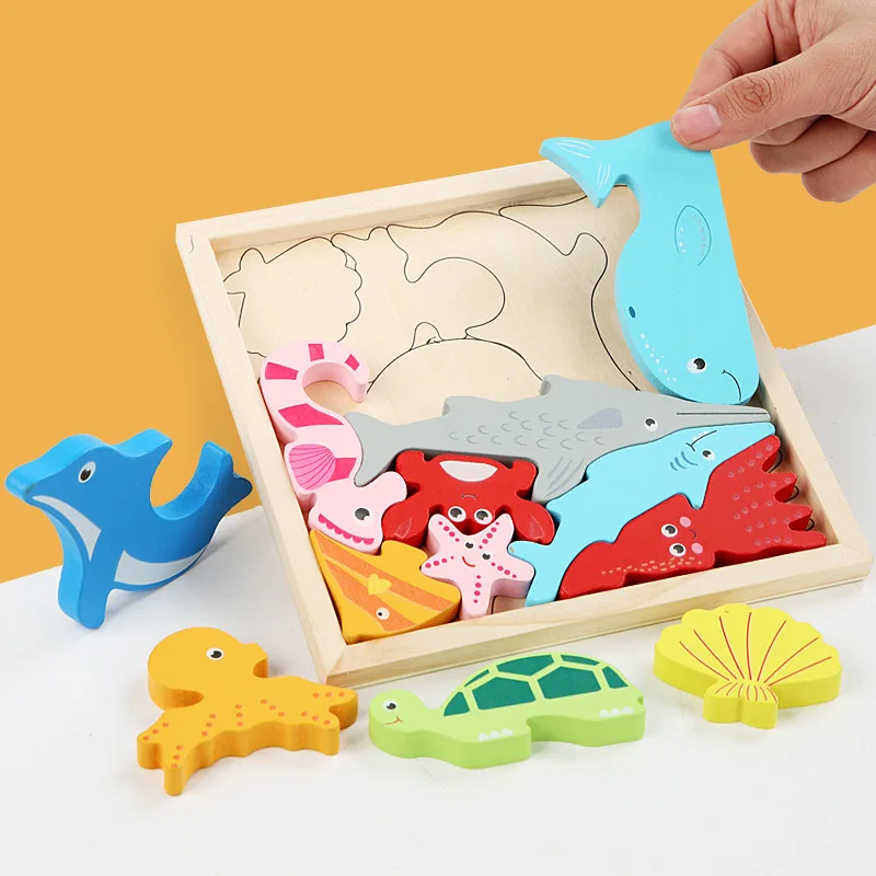 Hot New 3D Puzzle Wooden Toys Baby Learning Educational Hand Grasp Board Cartoon Animal Fruit and Vegetable Jigsaw Toy Gifts