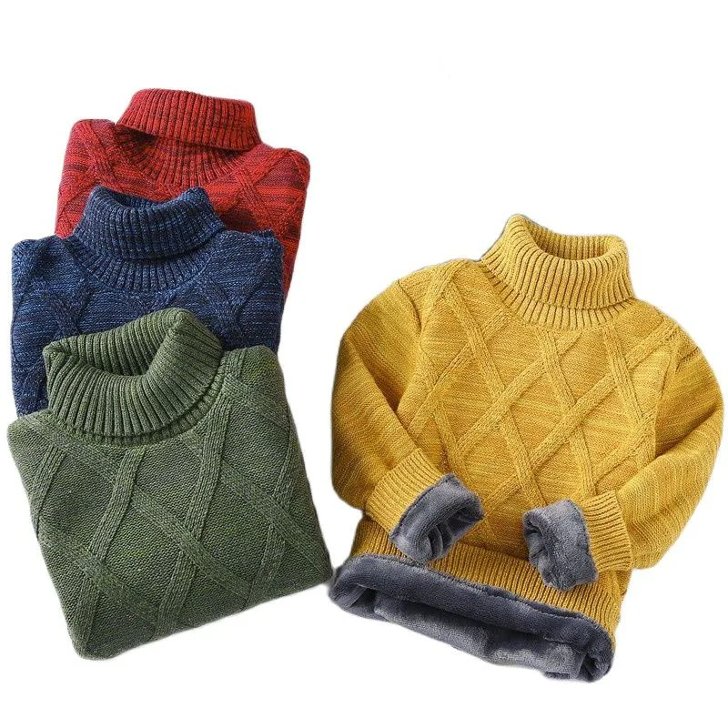 

boys Plus velvet Warm turtleneck sweater Pullovers plush inside Thicken sweaters girls Winter Autumn Knitted Loose jacket 2-10Y