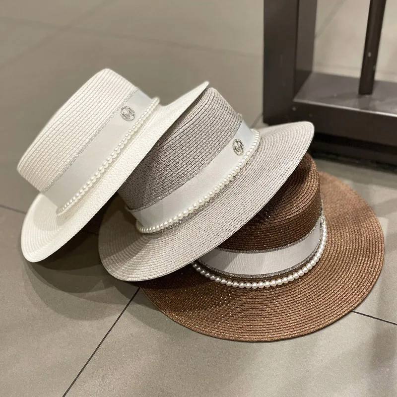 Sombrero de paja plano Retro para mujer, sombrero de paja de ala ancha de alta calidad con letras M, perla, transpirable, para viaje y playa