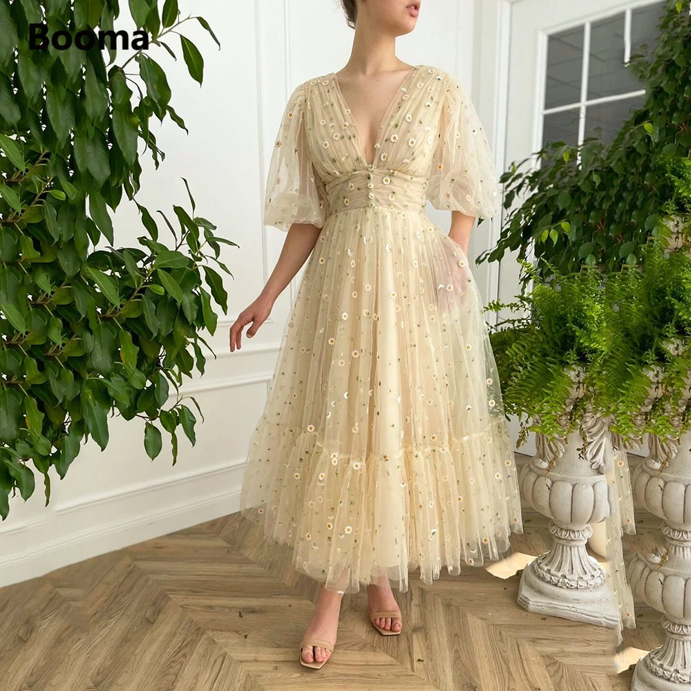 Booma Deep V-Neck Beige Tulle Midi Prom Dresses Half Puff Sleeves Embroidered Lace Prom Gowns Tea-Length Wedding Party Dresses