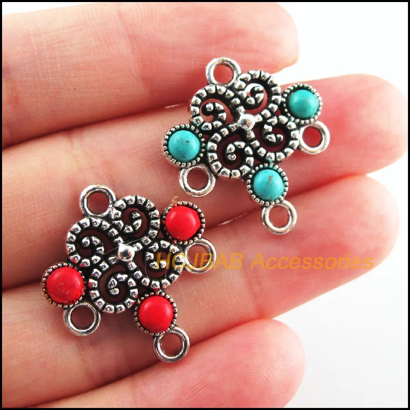 6Pcs Retro Tibetan Silver Tone Flower Crown Blue&Red Stone Charms Connectors 23x25.5mm