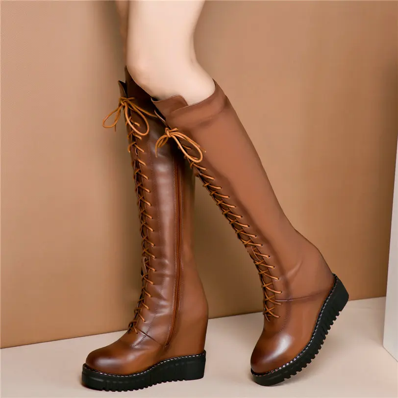 2020 Women Lace Up Genuine Leather Wedges High Heel Knee High Boots Female Winter Warm Warm Thigh High Platform Fashion Sneakers