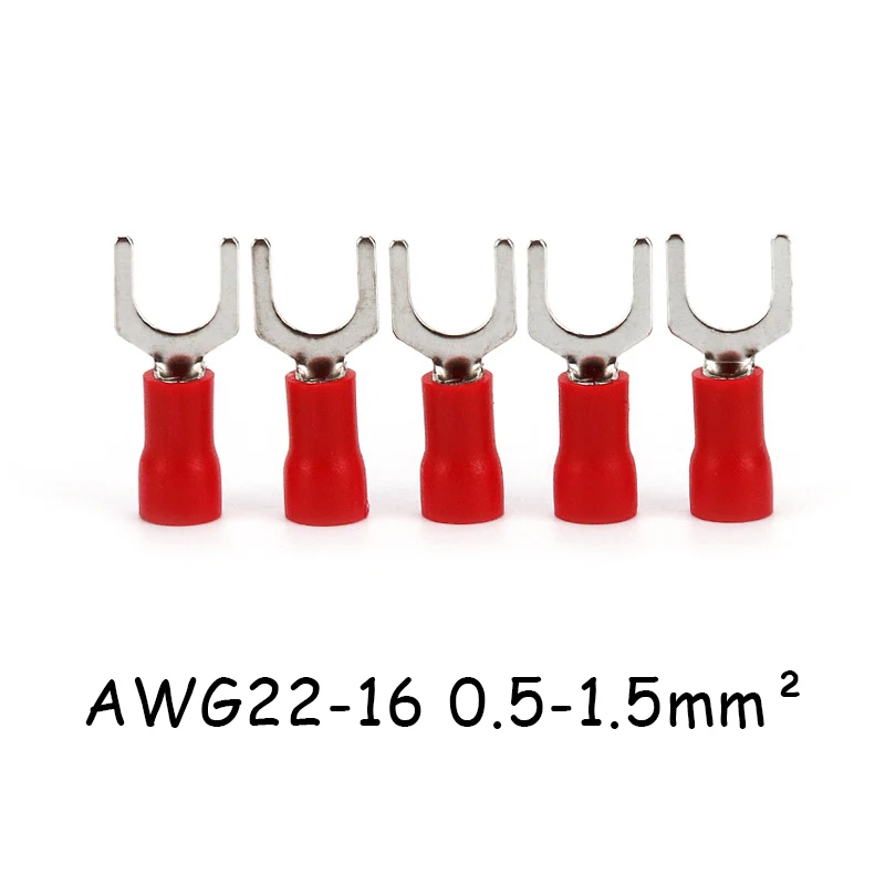 100PCS SV1.25 series red fork wire cold end insulated fork joint cable crimping connector AWG22-160.5-1.5mm²