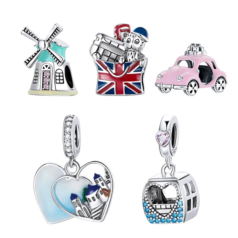 Bamoer 925 Sterling Silver Travel London Charm Pink Cable Car Windmill Zirconia Heart Beads for Women Bracelet Jewelry SCC1738