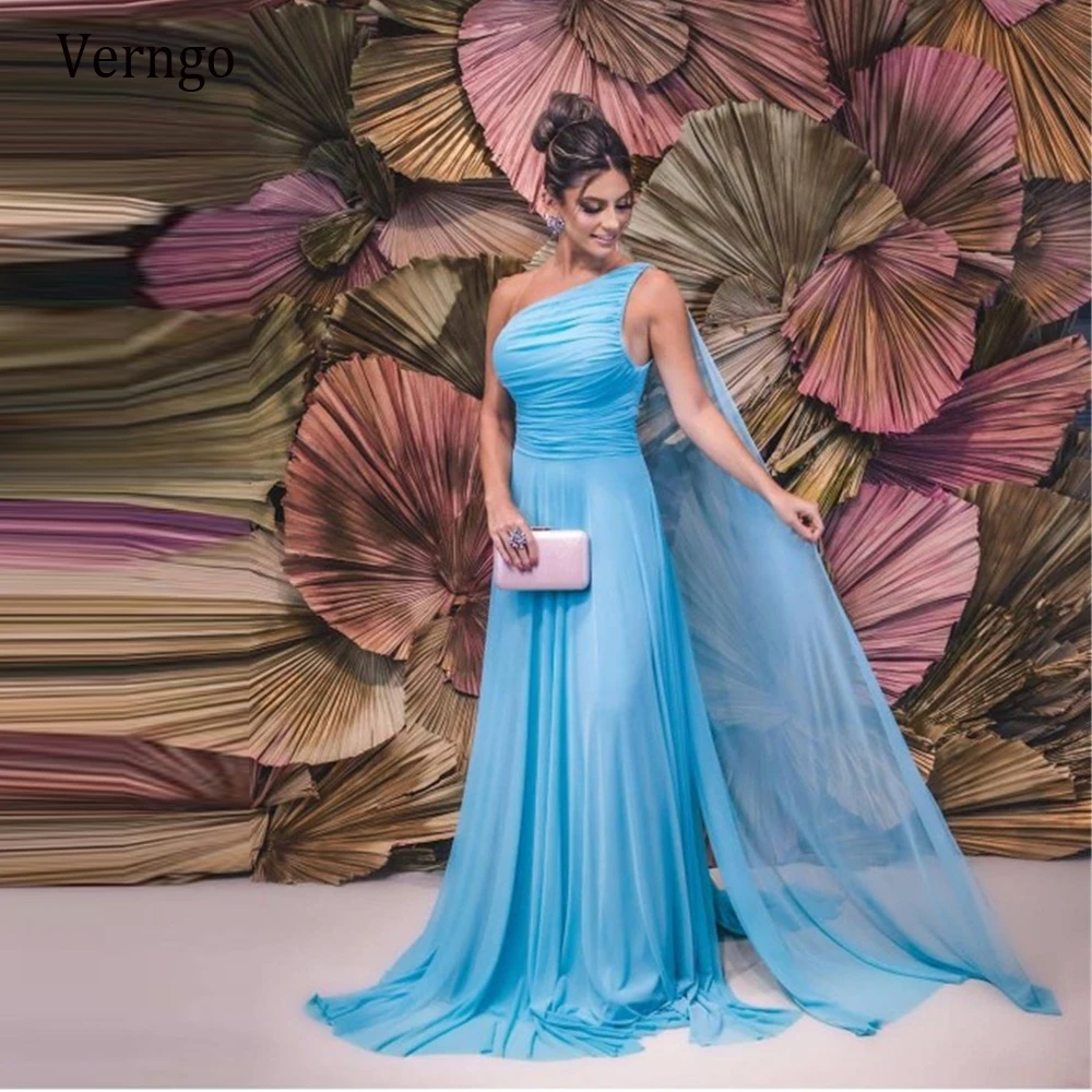 

Verngo 2021 Simple A Line Light Sky Blue Chiffon Prom Dresses One Shoulder Pleats Evening Gowns Long Women Special Occasion Wear