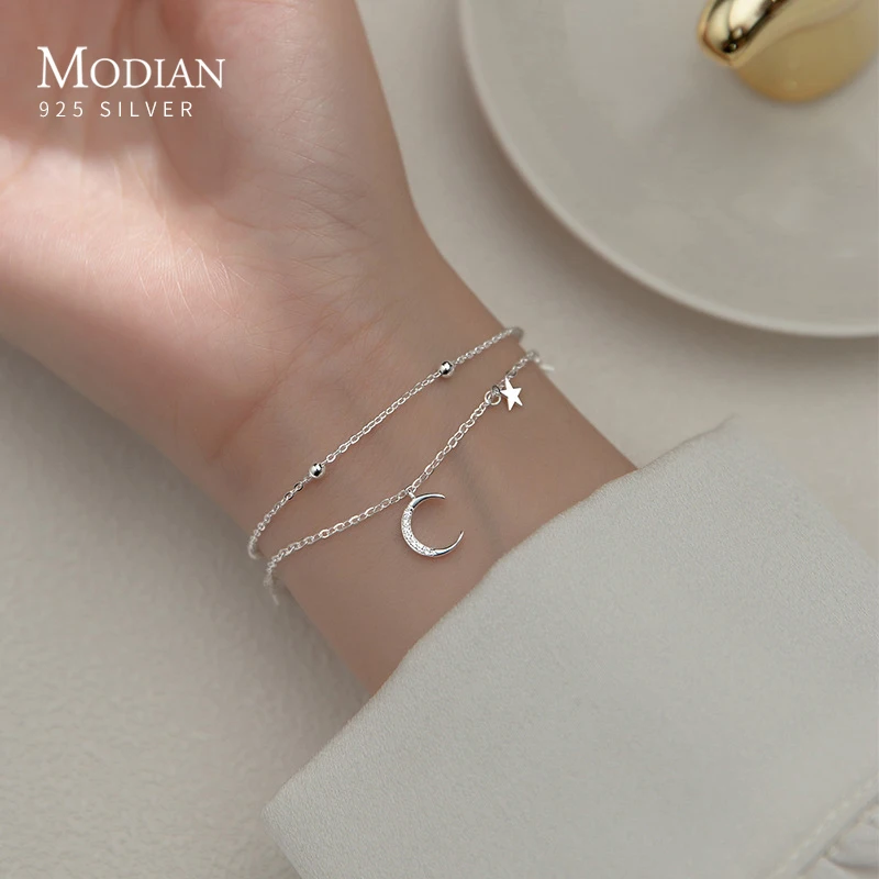 Modian Silver Luxury Double Layer Stars Moon Sparkling Bracelet 925 Sterling Silver Chain Adjustable Bracelets For Women Jewelry