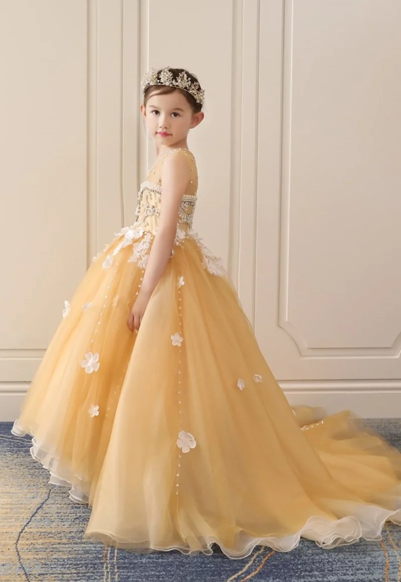 Yellowe Bloem Meisjes Jurken Voor Bruiloft Tulle Bead Lange Meisje Dress Party Kerst Jurk Kinderen Prinses Kostuum Voor Kinderen 12T