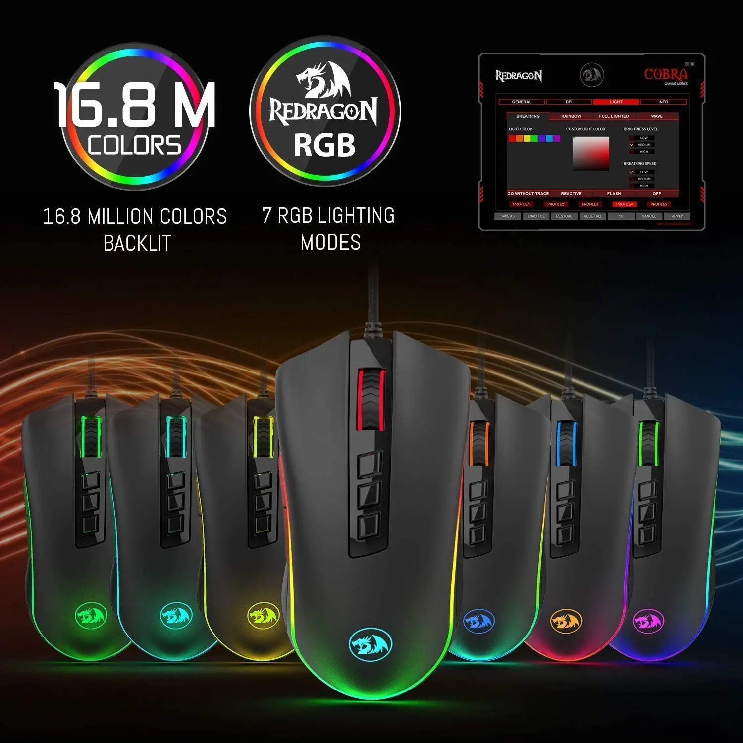 Redragon-ratón para juegos M711 Cobra 10000 DPI, Mouse retroiluminado con 16,8 millones de colores RGB