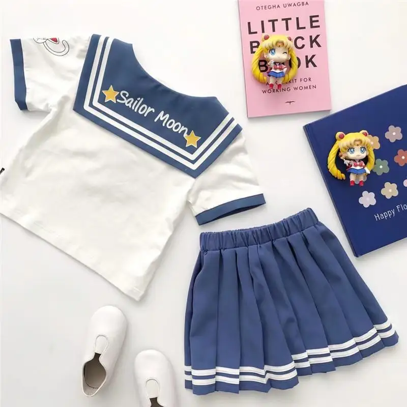 Baby Girls Clothes Sets Summer Bow Striped Tops Pleated Skirts Suits Cute Sailor Moon Cosplay Party Custume Children Clothes Set