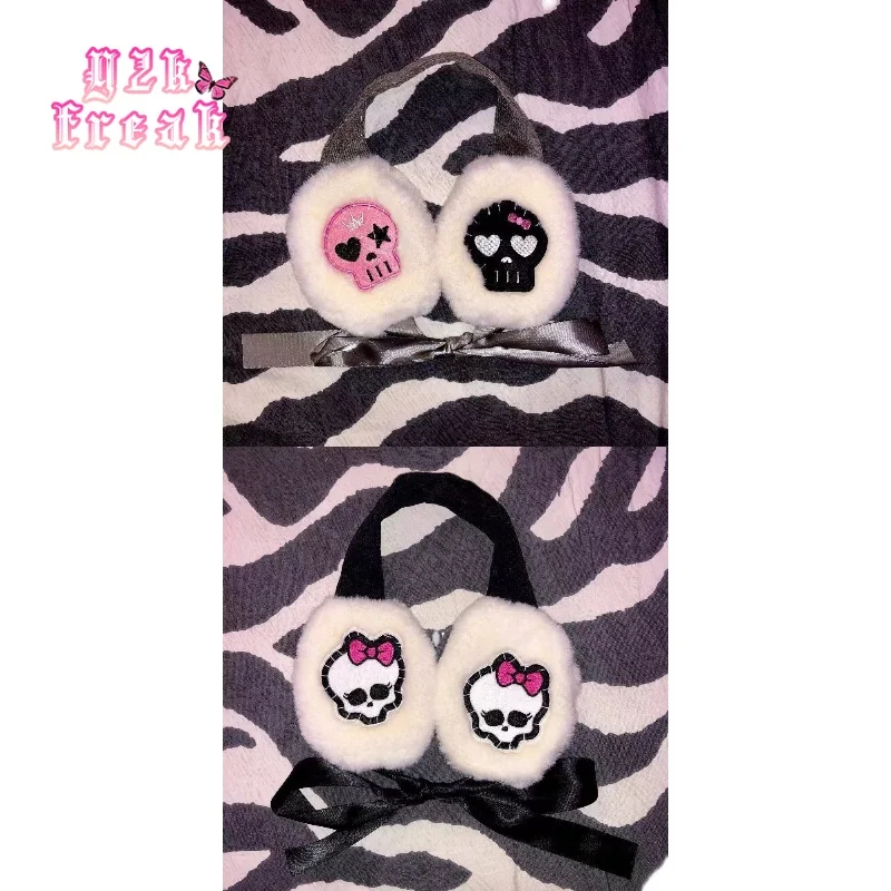 Y2K Freak Skull Punk Plush Earmuffs Super Warm Winter Accessories Rock Punk Rebellious Girl Headband Egirl Softgoth