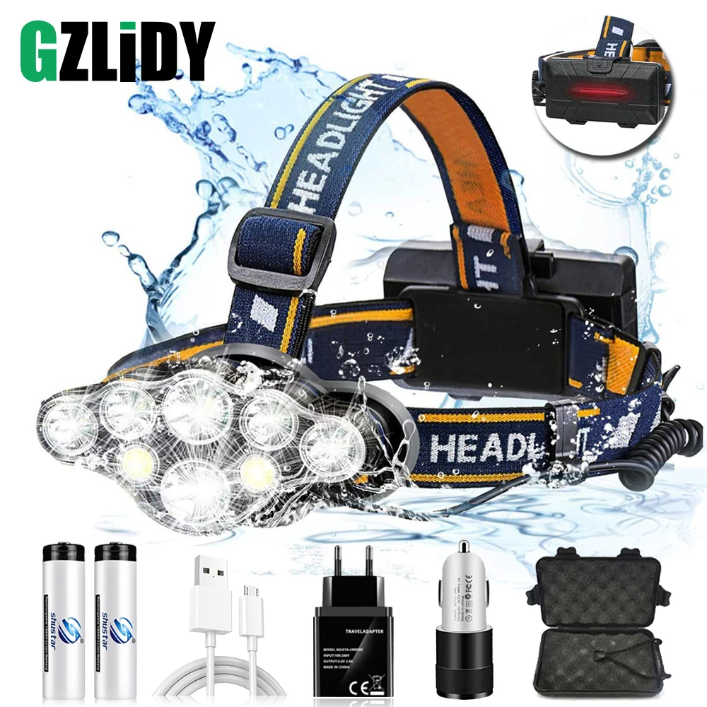 Powerful 8 LED Headlamp USB Rechargeable Waterproof T6 Headlight Super Bright Outdoor 18650 Lantern with Tail Warning Light