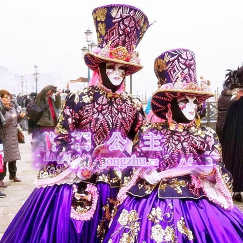 national carnival print dress hat mask Purple Venetian merchants traditional costume Nightclub bar business halloween cosplay