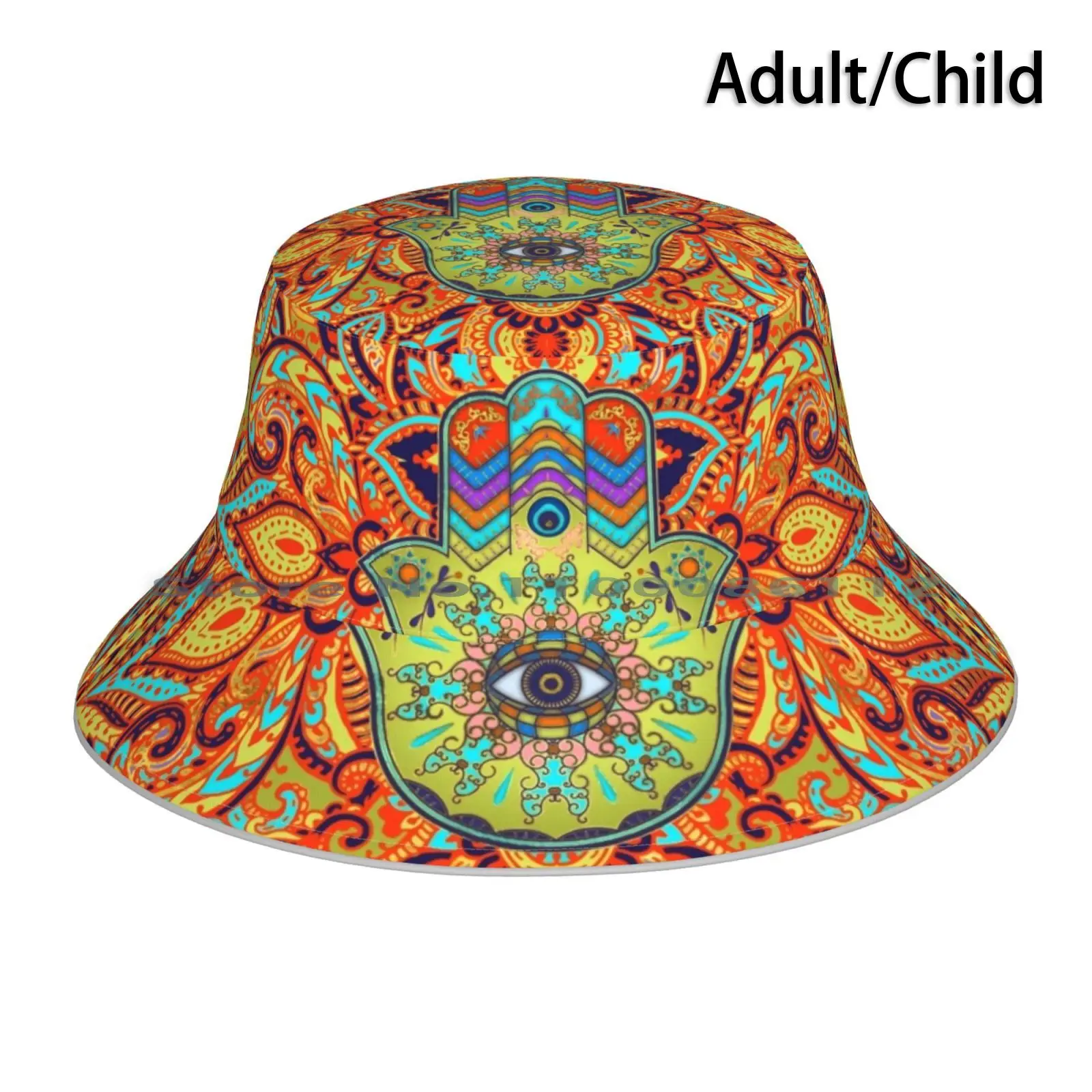 Colorfull Hamsa Hand Bucket Hat Sun Cap Hamsa Hand Khamsa Hand Of Fatima Hand Of Miriam Good Luck Symbol Jewish Muslim Henna