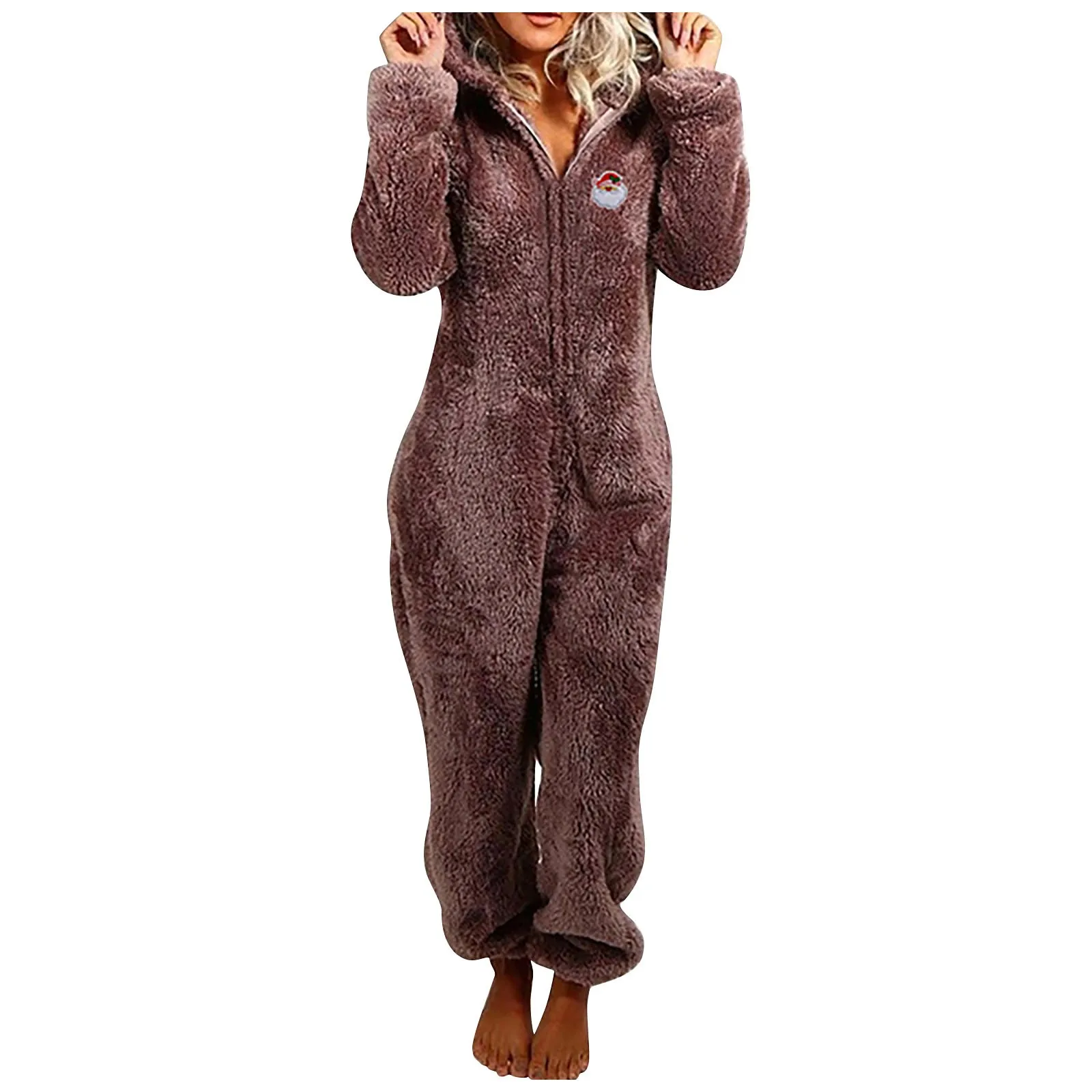 Fashion zipper autumn and winter women\'s hooded pajamas Christmas home clothes warm solid color thick plush jumpsuit multicolor