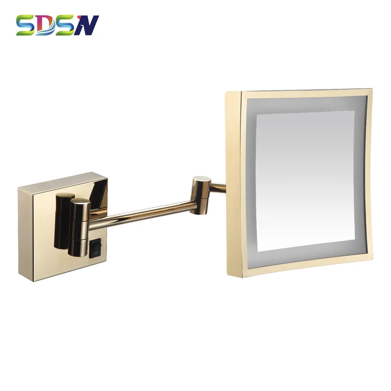 

LED Bath Mirror SDSN Gold Bathroom Mirror Square LED Cosmetic Mirrors Wall Mounted Folding Bathroom Mirror Magnifying LED Mirror