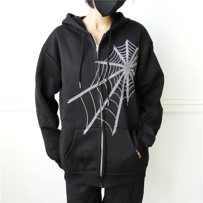 Y2k Harajuku Outerwear Zipper Sweatshirts Emo Alt Clothing Goth Punk Spider Web Hoodie Women Fairy Grunge Dark Oversized Hoodies