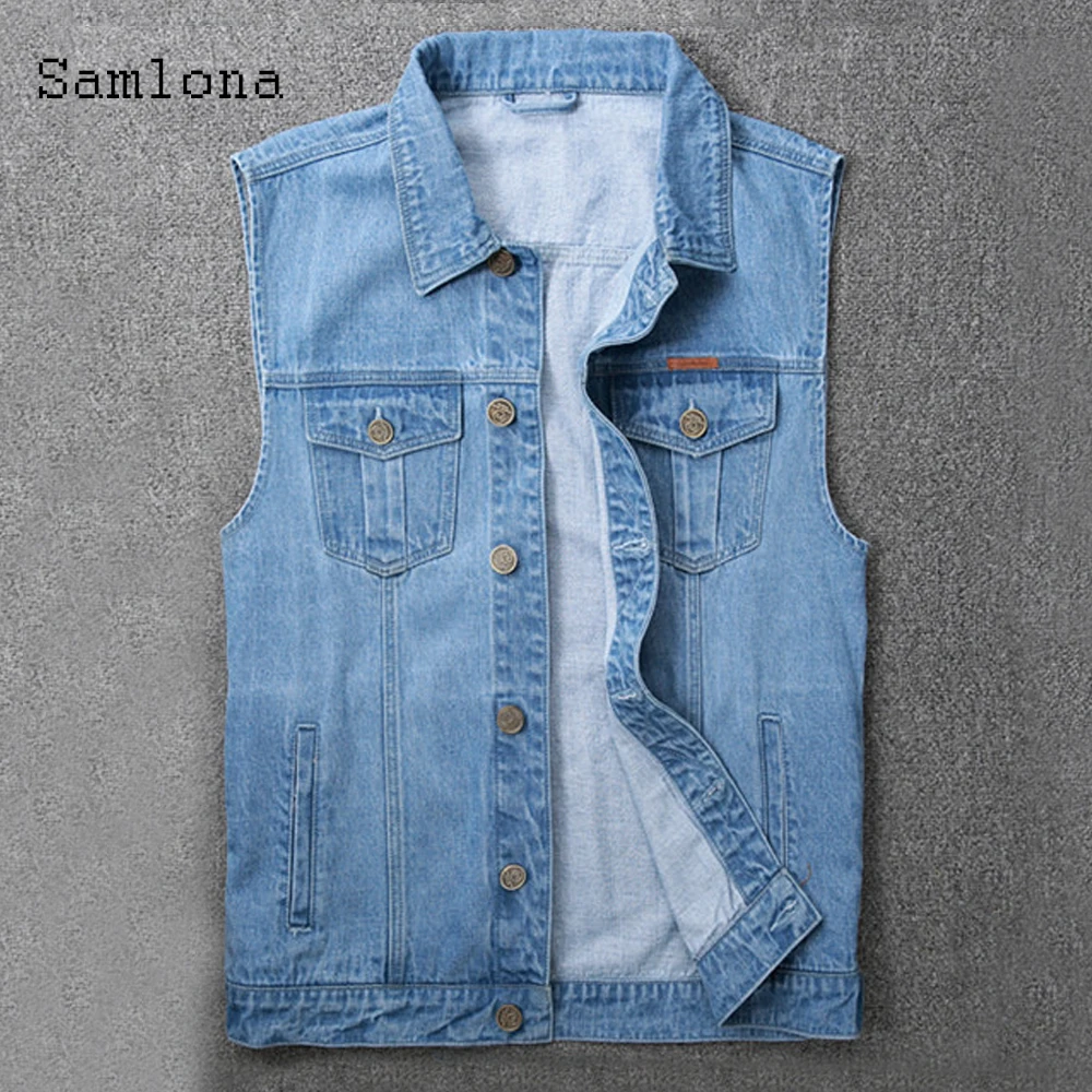 Samlona Plus Size Men Denim Jackets Sleeveless Jean Mens Fashion 2022 Single breasted Vest Coats Solid Blue Casual Jeans Jacket