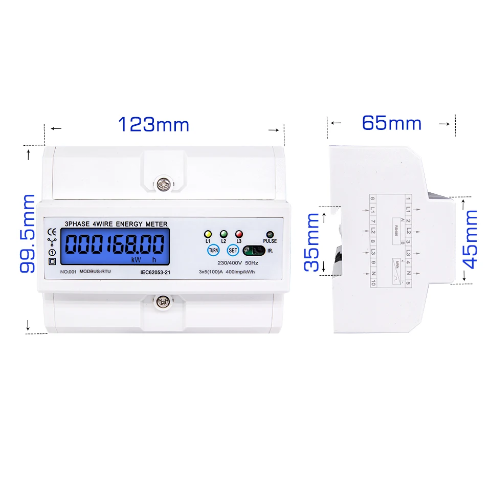 RS485 Din Rail contatore di energia trifase elettrico consumo energetico kWh tensione corrente wattmetro Monitor Modbus RTU 380V 400V