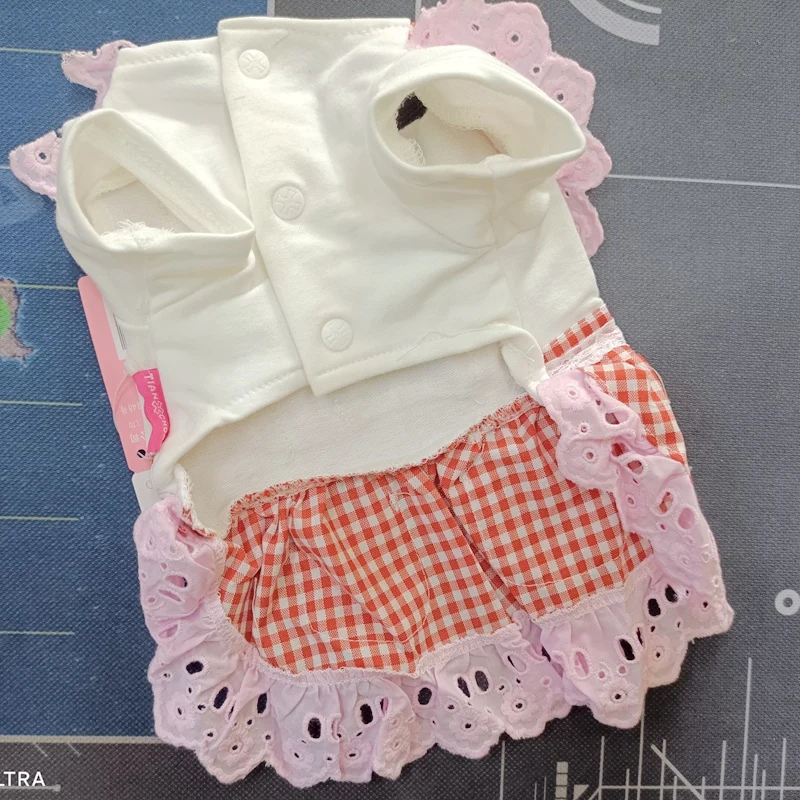 Plaid Strawberry Small Dog Clothes Summer Cotton Lace Girl Princess Pet Cat Maid Skirt Dresses Red Blue Outfit Chihuahua Yorkie