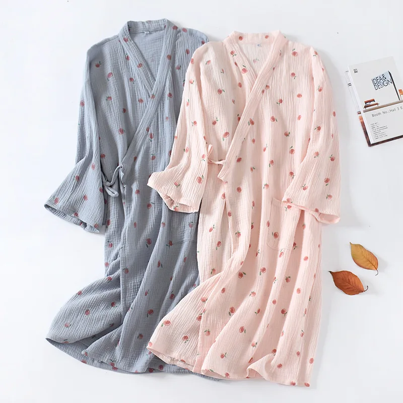 Japanese Kimono Robes for Women 100% Cotton Gauze Bathrobe Summer Thin Sleepwear Long Sleeve Nightgown Plus Size Dressing Gown