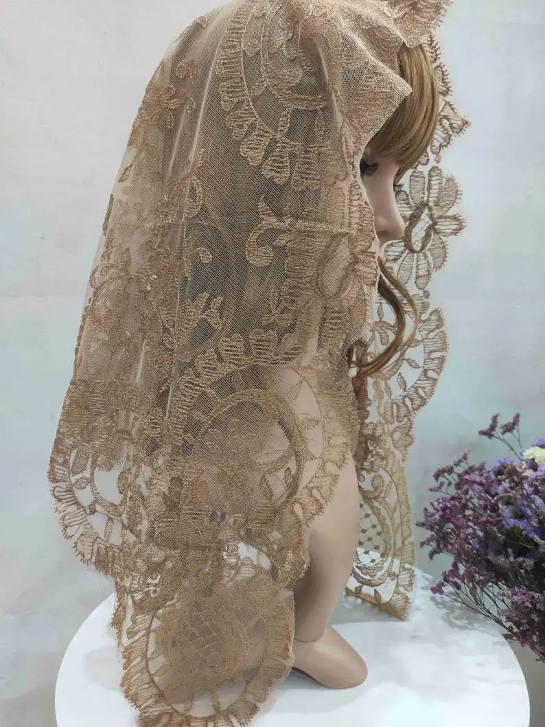 New Design Brown Embroidery Spanish Lace Mantilla Triangular Veil