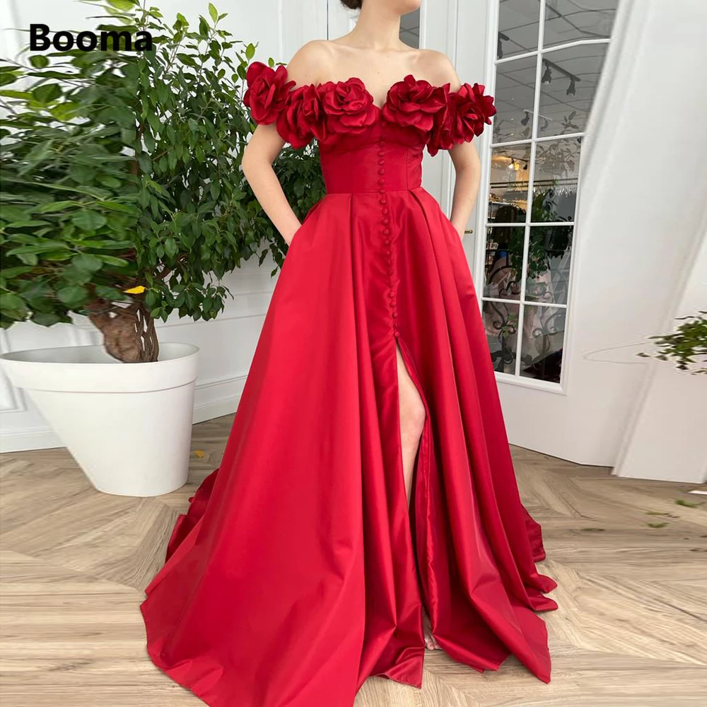 Booma Red Taffeta Prom Dresses Off Shoulder Handgemaakte Bloemen Slit A-lijn Avondjurken Dichtgeknoopt Lange Formele Party Jurken