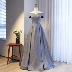 Sequins Luxurious Boat Neck Evening Dress Short Sleeves Pleat A-Line Simple Floor-Length New Party Formal Dresses Woman B1122