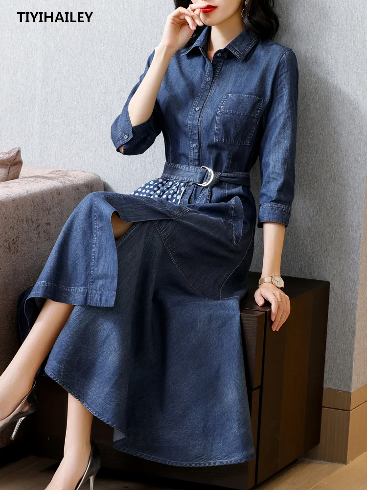 

TIYIHAILEY Free Shipping 2023 Fashion Three Quarter Long Mid-calf Denim Women Vintage Turn Down Collar Dress S-XL Belt Patchwork