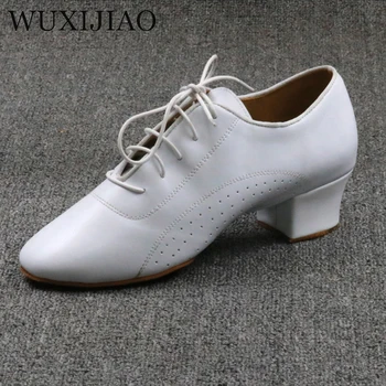 WUXIJIAO Scarpe da ballo moderne latine in pelle da uomo in bianco e nero per feste, matrimoni, ballo di fine anno, tacco quadrato da 4,5 cm, suola morbida