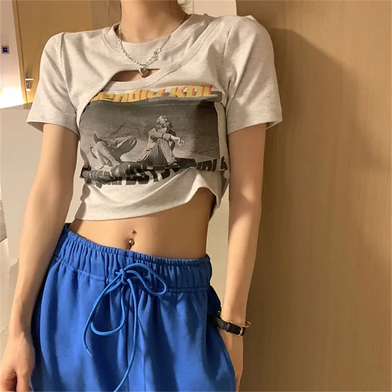 Women Short Sleeve T-shirts Printing Hollow Out Crop Tops Hipsters Irregular Design Stylish High Street Harajuku Hot Teens Slim