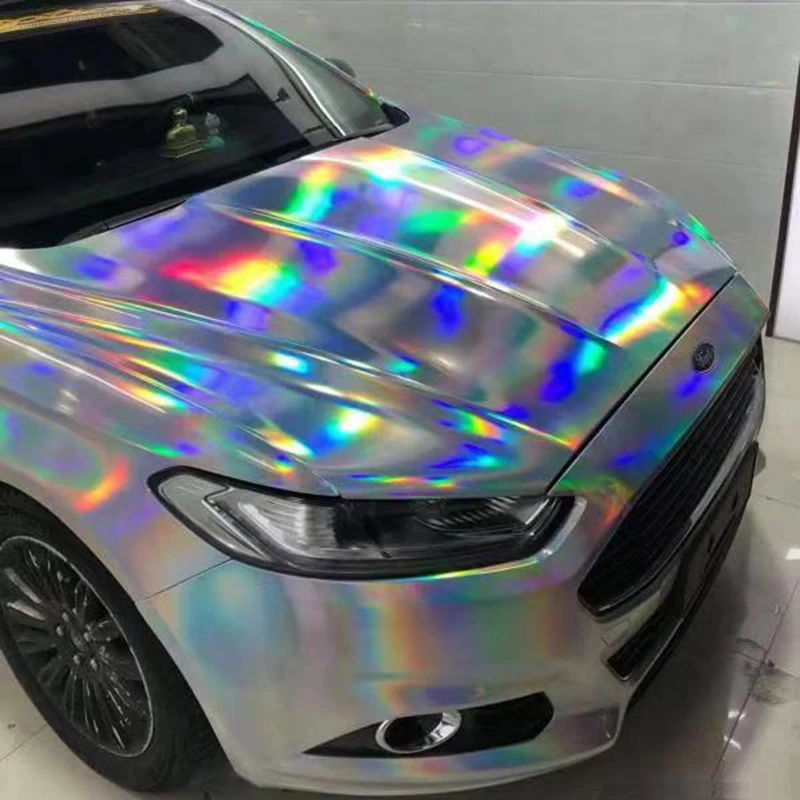 5mx1.52m Holographic Laser Chrome Silver Vinyl Wrap Glossy Car Decals Film Car Hood Exterior Stickers