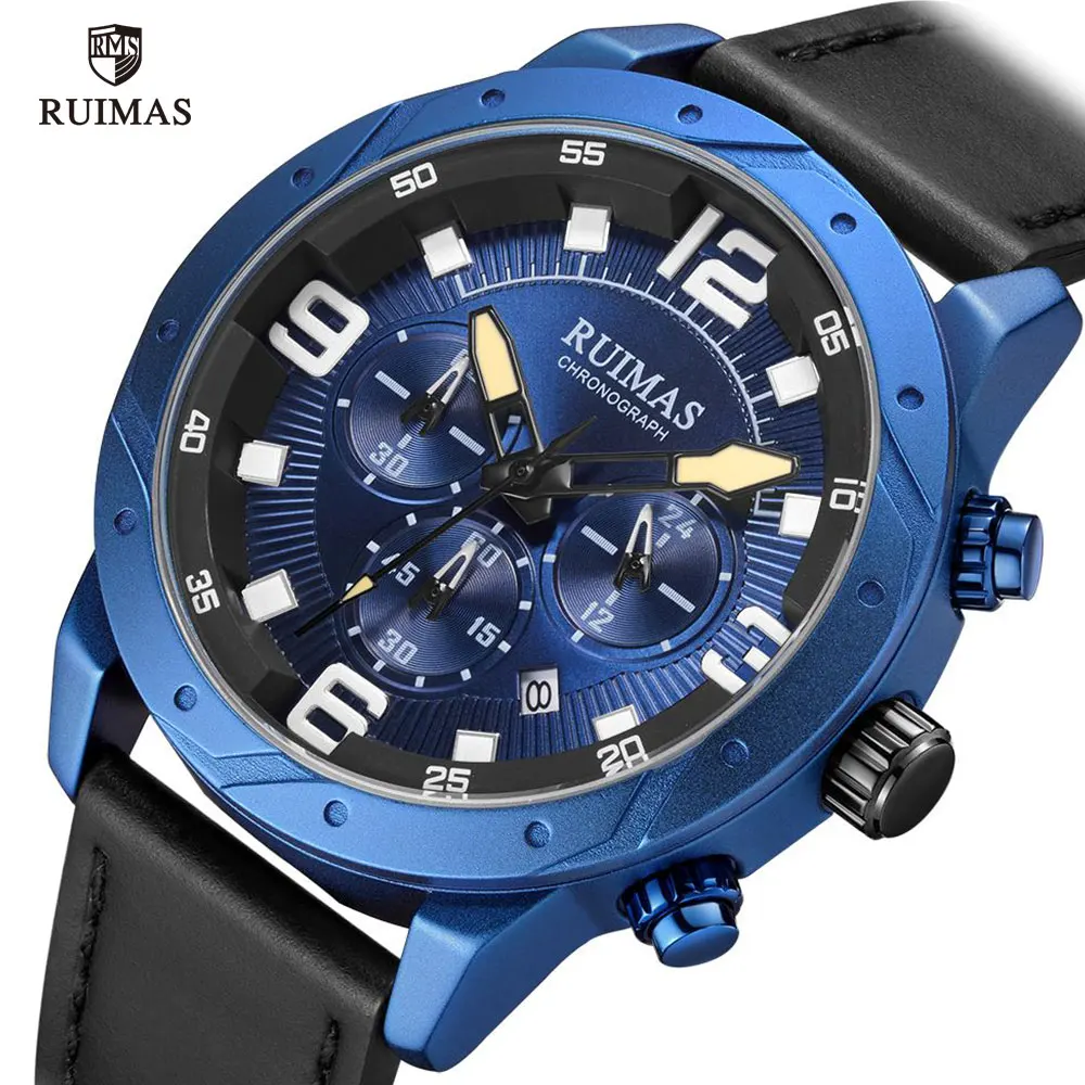 

RUIMAS Men's Leather Strap Chronograph Watches Luxury Blue Quartz Watch Man Waterproof Sports Wristwatch Relogios Masculino 595