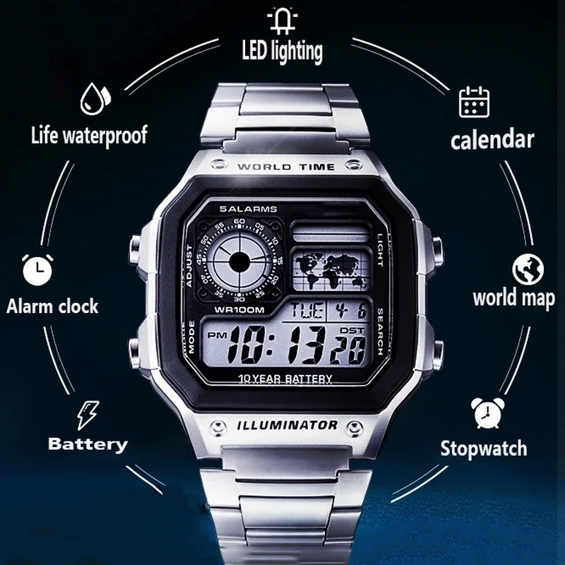 Men Watches Life Waterproof LCD Colorful Cold Light Watch Stainless Steel Digital Watch 5 Alarm Clock World Time Watches