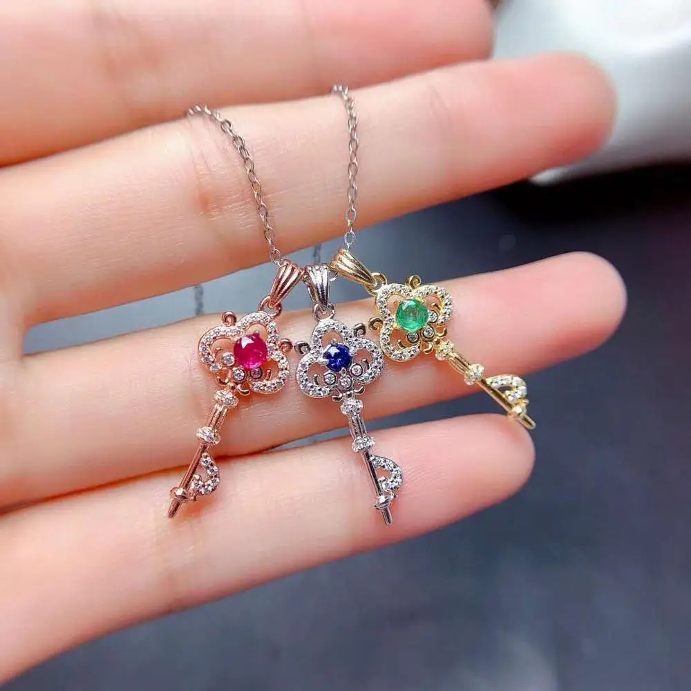 

FS Natural Ruby/Emerald/Sapphire Gem Key Pendant Necklace S925 Sterling Silver Fine Fashion Wedding Jewelry for Women MeiBaPJ