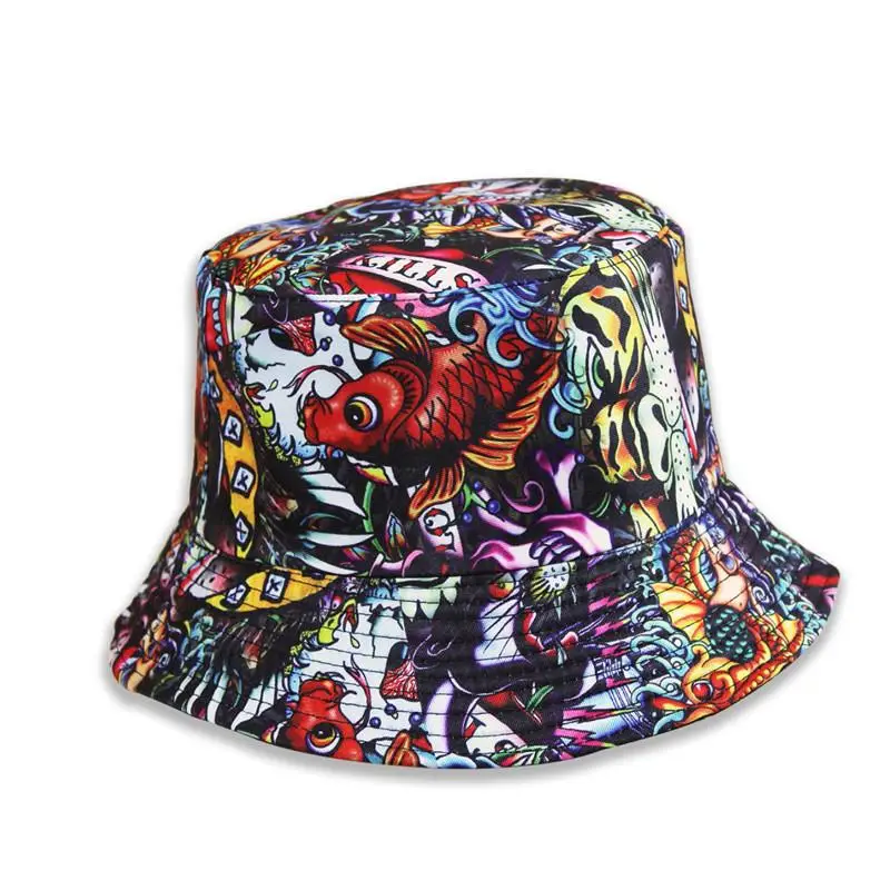 LDSLYJR 2021 Cotton Personality fish print Bucket Hat Fisherman Hat outdoor travel hat Sun Cap Hats for Men and Women 31